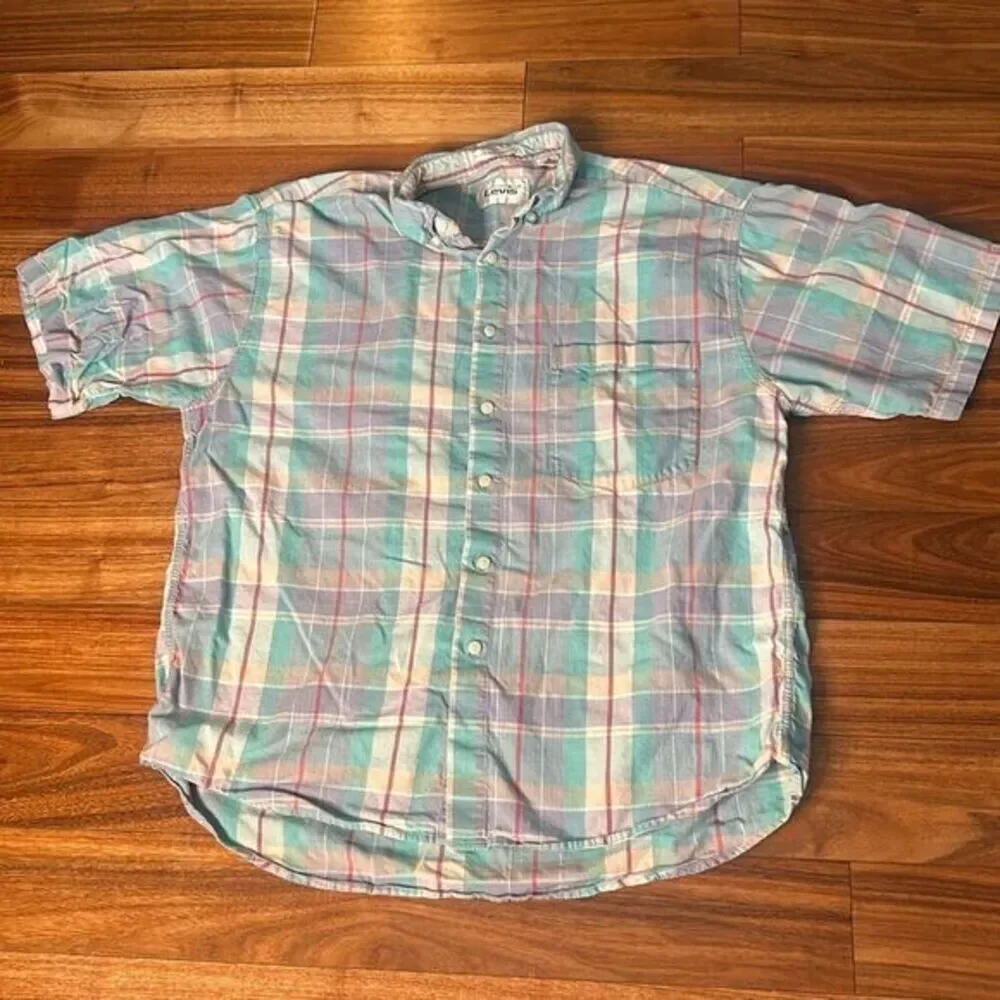 LEVIS authentic madras pastel plaid button up shirt short sleeve casual‎ eastern